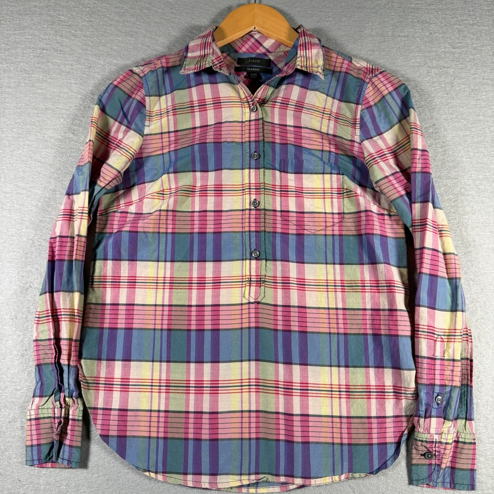 J.Crew Classic Womens XXS Plaid Cotton Silk‎ Blend Popover Shirt Multi-Color